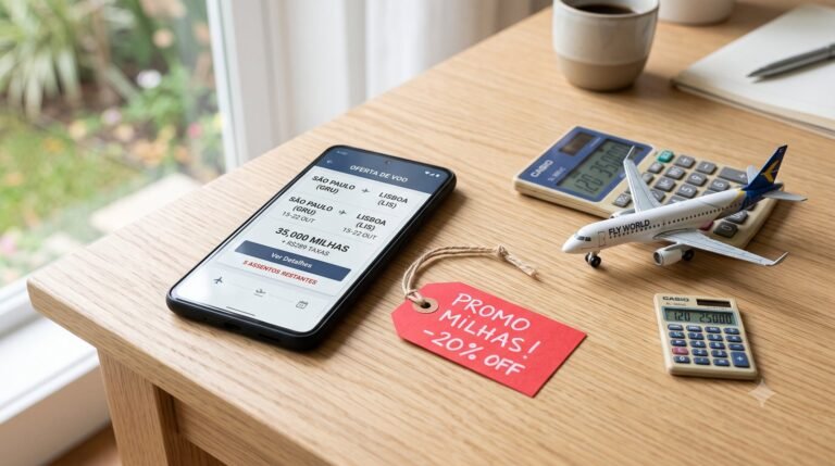 Foto de um smartphone com oferta de voo ao lado de uma etiqueta de desconto, calculadora e aviao em miniatura