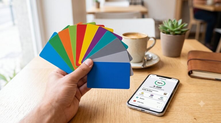 Foto de uma mao segurando um leque de varios cartoes de fidelidade coloridos com um smartphone mostrando pontos