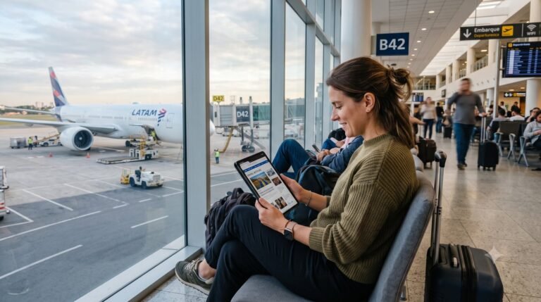 Foto de uma pessoa sentada na sala de embarque de um aeroporto lendo em um tablet, com aviao visivel pela janela