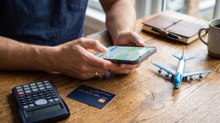 Foto de maos segurando um smartphone sobre mesa de madeira com calculadora, cartao de credito e aviao em miniatura