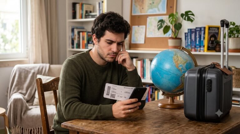 Foto de um jovem pensativo segurando um cartao de embarque e olhando o celular, com globo terrestre e mala ao lado