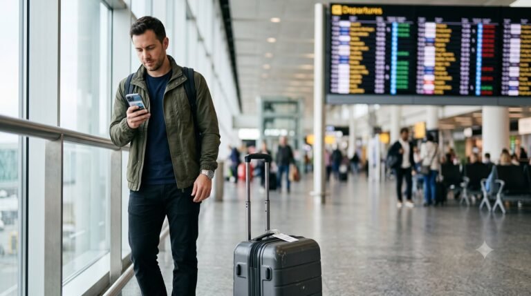 Foto de um viajante em um aeroporto olhando o celular ao lado de uma mala, com painel de embarque ao fundo