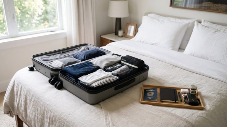 Foto de uma mala de mao aberta e organizada sobre uma cama, com roupas dobradas, passaporte e itens de viagem compactos